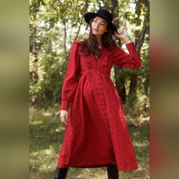 Hatch Red Embroidered Midi Button  Long Sleeve Cotton Dress Size S - Picture 6 of 16